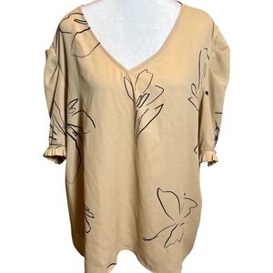 NWOT Worthington Beige Floral Print Blouse Ruffle Short Sleeve V-Neck Casual XXL